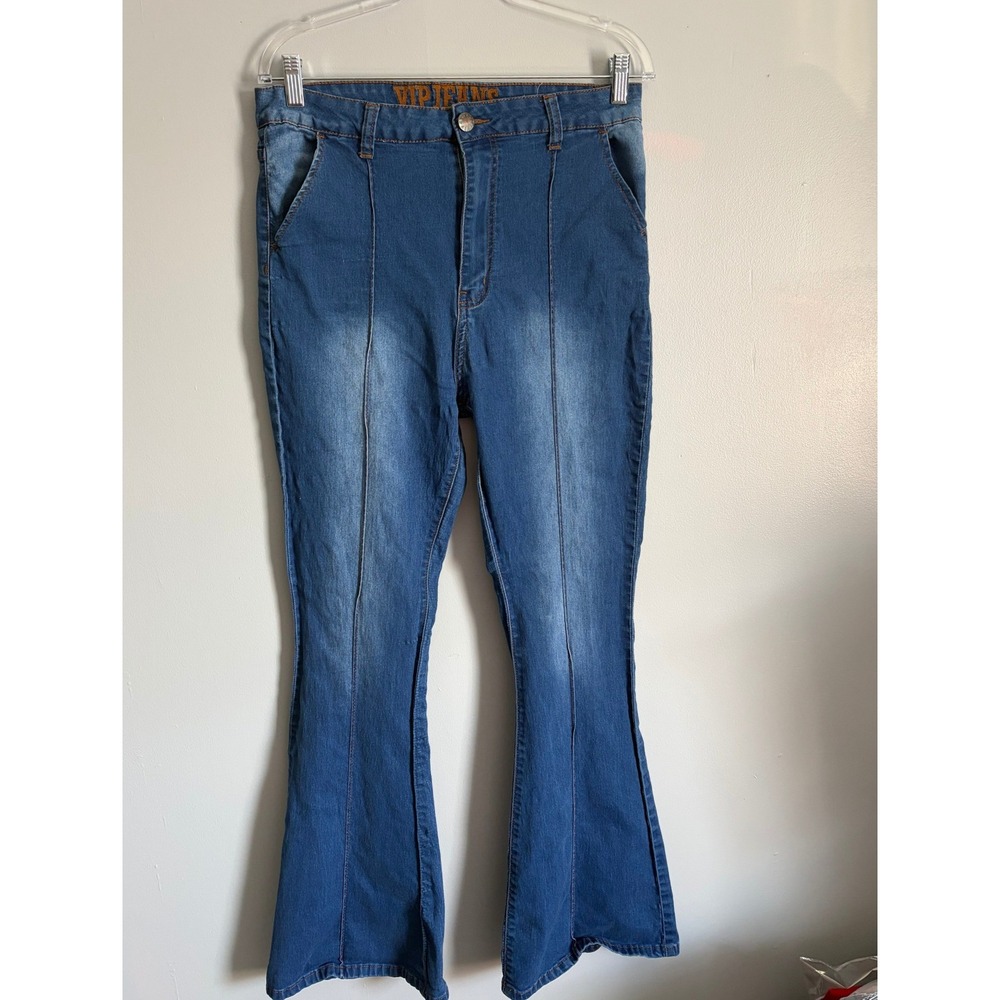 VIP Jeans Womens Flare Bell Bottom Denim Medium Wash Front Seam Size 15/32